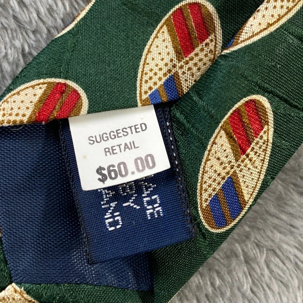 Vintage Polo Ralph Lauren Tie Mens OS Green Red Silk Oval Geometric USA Handmade